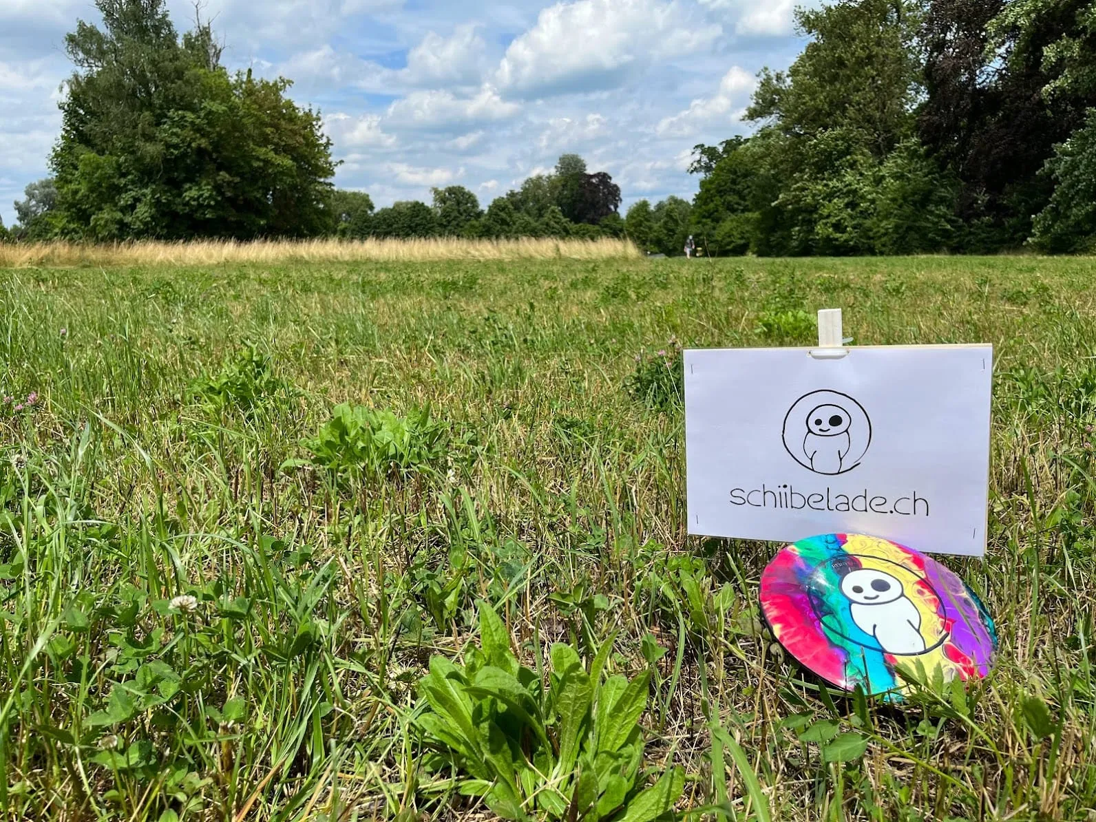 Bunte Schiibelade-Disc im Gras neben einem Schild mit dem Schiibelade-Logo